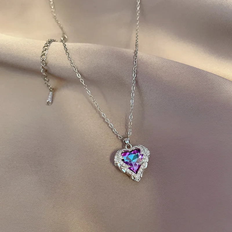925 Silver Angel Wings Heart Necklace Colorful Crystal Valentines Gift