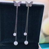 925 Sterling Silver Tassel Drop Earrings Butterfly Shine Zircon Chain Pearl