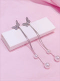 925 Sterling Silver Tassel Drop Earrings Butterfly Shine Zircon Chain Pearl