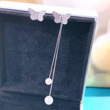 925 Sterling Silver Tassel Drop Earrings Butterfly Shine Zircon Chain Pearl