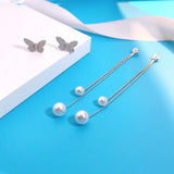925 Sterling Silver Tassel Drop Earrings Butterfly Shine Zircon Chain Pearl