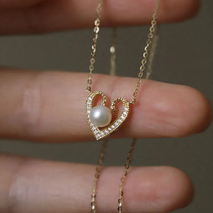925 Silver Zircon Heart Pendant Necklace Freshwater Pearl Clavicle Chain