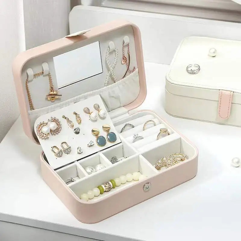 Jewelry Storage Box With Mirror For Travel PU Leather