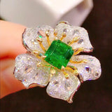Vintage Silver Flower Wedding Ring 1.65ct Emerald Stone