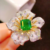 Vintage Silver Flower Wedding Ring 1.65ct Emerald Stone