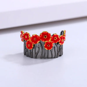 Red Flower Enamel Engagement Ring for Women