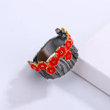 Red Flower Enamel Engagement Ring for Women