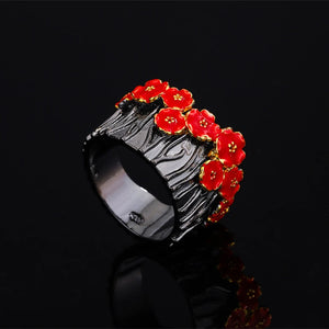 Red Flower Enamel Engagement Ring for Women