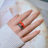 Red Flower Enamel Engagement Ring for Women