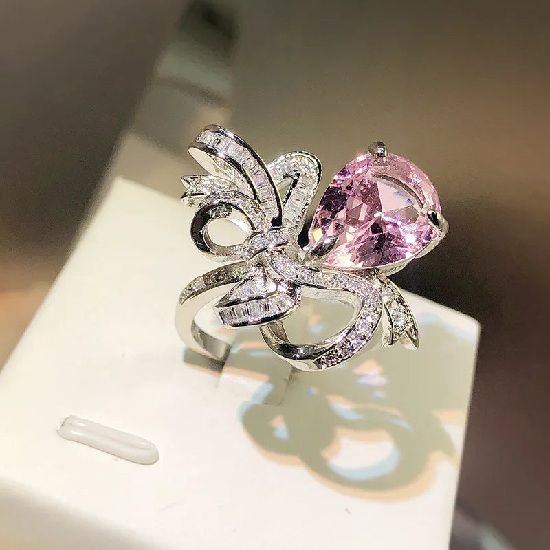 Pink Water Drop Bowknot Silver Rings for Women
