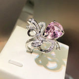 Pink Water Drop Bowknot Silver Rings for Women
