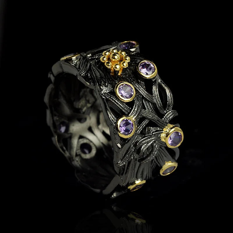 Boho Floral Women's Ring with Purple Zircon Wedding Bridal Jewelry