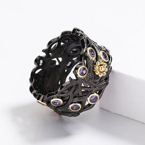Boho Floral Women's Ring with Purple Zircon Wedding Bridal Jewelry