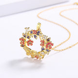 Colorful Flower Circle Pendant Necklace Zircon Butterfly Clavicle Chain
