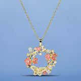 Colorful Flower Circle Women's Pendant Necklace with Zircon Butterfly