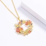 Colorful Flower Circle Pendant Necklace Zircon Butterfly Clavicle Chain