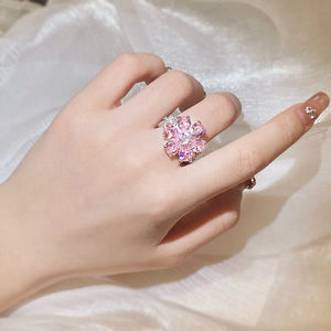Colorful Zircon 925 Silver Ring Pink Flowers Women's Engagement Party Jewelry