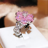 Colorful Zircon 925 Silver Ring Women Pink Flowers Engagement Party Jewelry