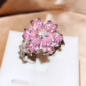 Colorful Zircon 925 Silver Ring Women Pink Flowers Engagement Party Jewelry