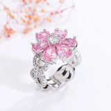 Colorful Zircon Women's Ring Pink Flowers Engagement Party Jewelry