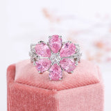Colorful Zircon Women's Ring Pink Flowers Engagement Party Jewelry