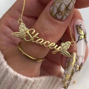 Custom Butterfly Charm Name Necklace Choker in Stainless Steel