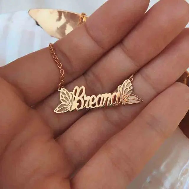 Custom Butterfly Charm Name Necklace Choker in Stainless Steel