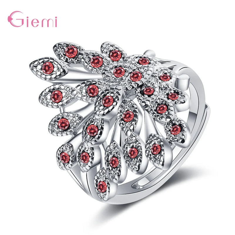 Crystal Peacock Opening Ring 925 Sterling Silver Jewelry