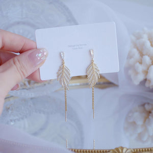 Leaf Tassel Stud Earring 14k Plated Zircon Bohemia Jewelry