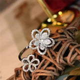 Double Flower Wedding Rings Women Silver Engagement Bride Open Ring