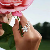 Double Flower Wedding Rings Women Silver Engagement Bride Open Ring