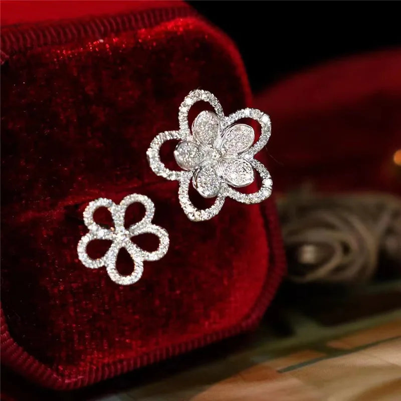 Double Flower Wedding Rings Women Silver Engagement Bride Open Ring