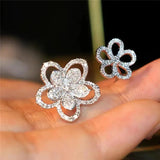 Double Flower Wedding Rings Women Silver Engagement Bride Open Ring