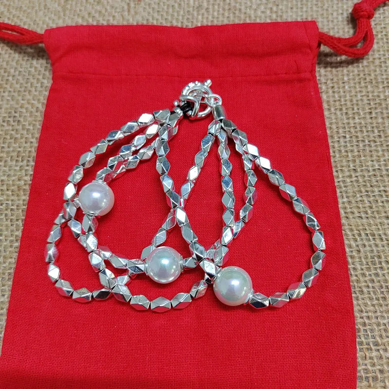 925 Silver Four Chains Retro Bracelet Female Pearl Jewelry