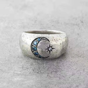 Vintage Silver Sun Moon Rings with Inlaid Stones for Women
