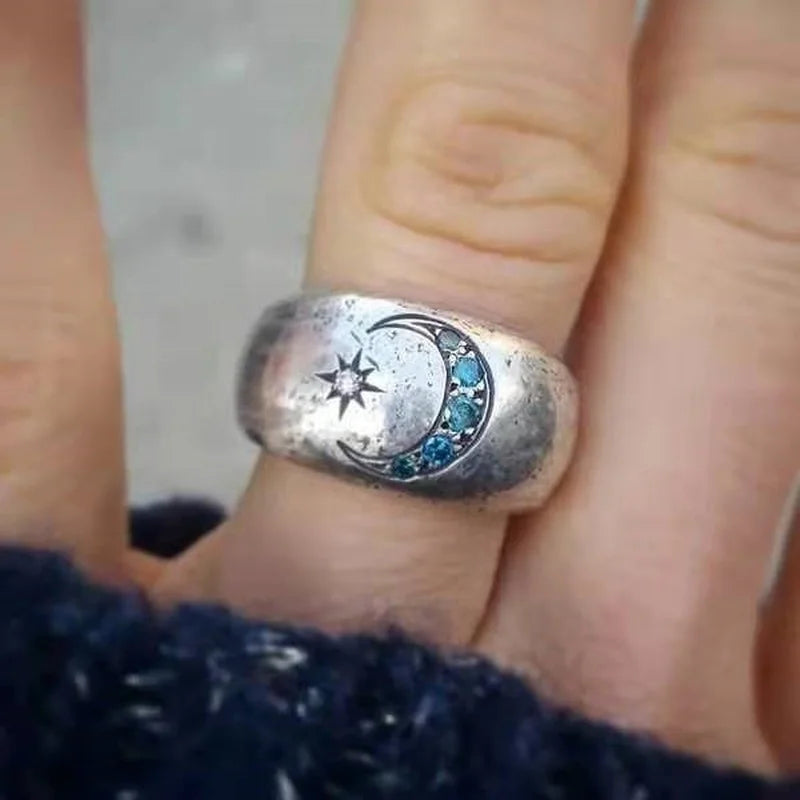 Vintage Silver Sun Moon Rings with Inlaid Stones for Women