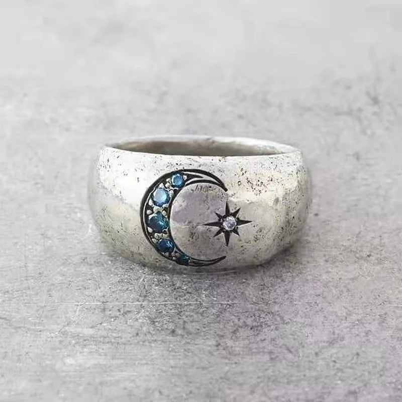 Vintage Silver Sun Moon Rings with Inlaid Stones for Women