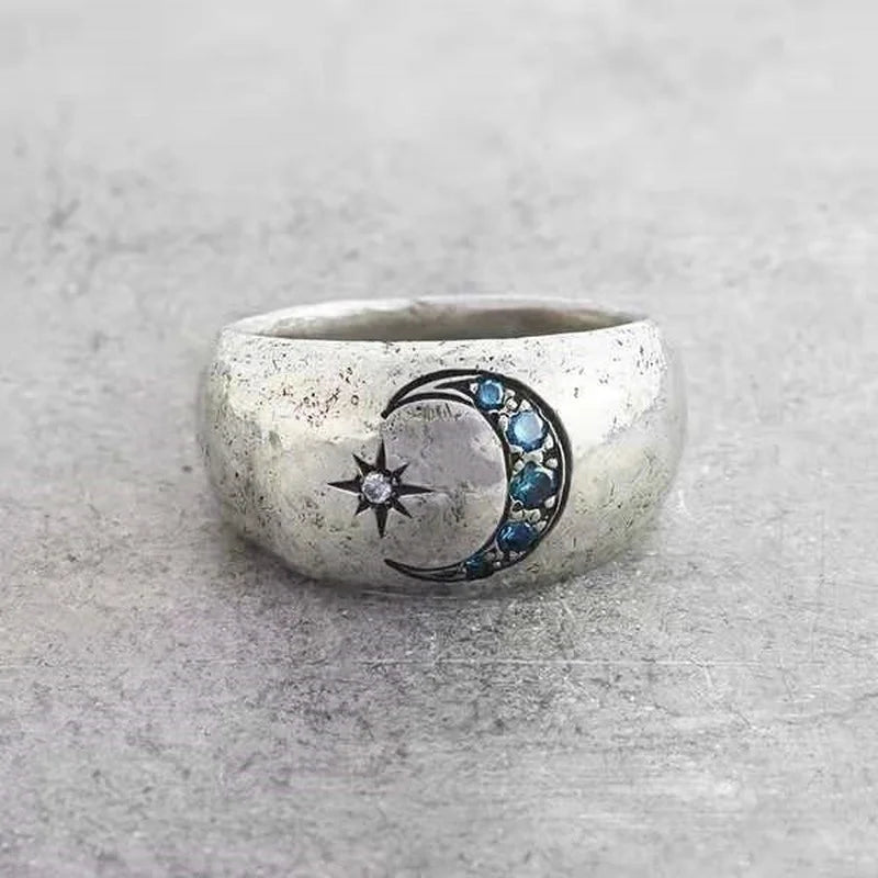 Vintage Silver Sun Moon Rings with Inlaid Stones for Women