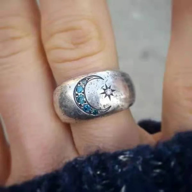 Vintage Silver Sun Moon Rings with Inlaid Stones for Women