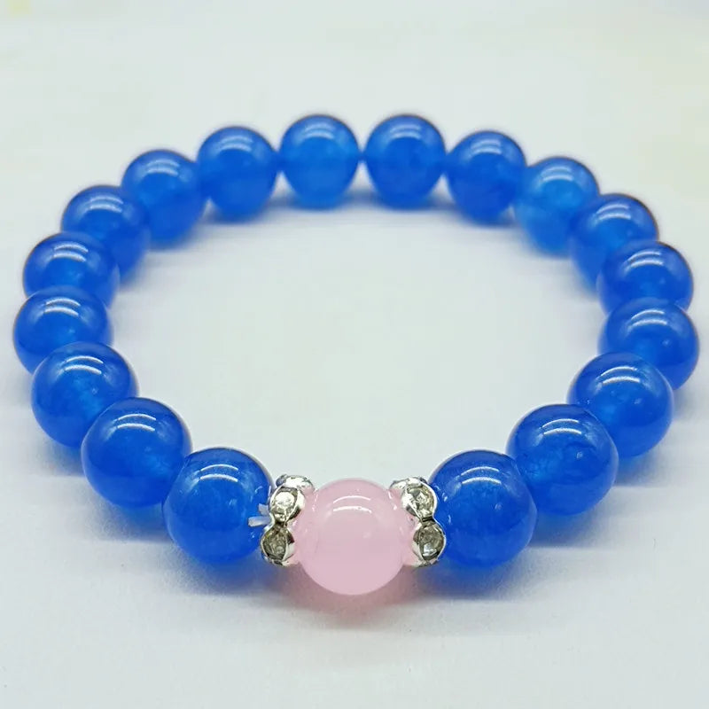 10mm Sapphire & Pink Jade Stretch Bracelet 7.5inch Women's Jewelry