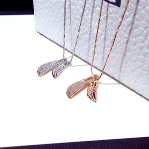 Rhinestone Feather Pendant Necklace 925 Silver Jewelry