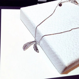 Rhinestone Feather Pendant Necklace 925 Silver Jewelry