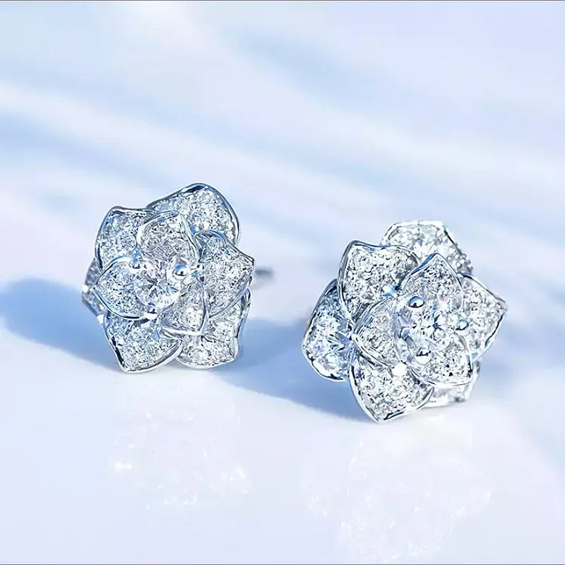 925 Silver Camellia Rose Flower Earrings