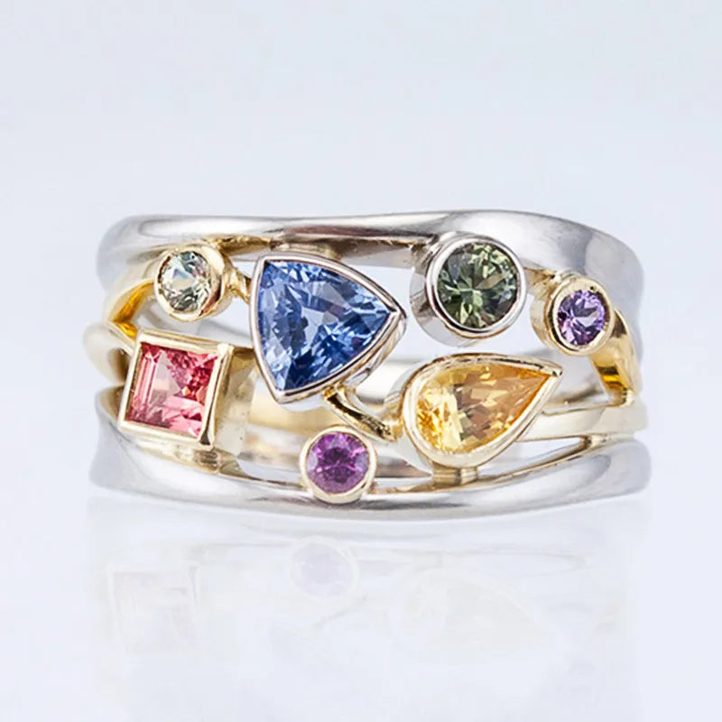 S925 Geometric Multicolor Zircon Plata Finger Rings for Women