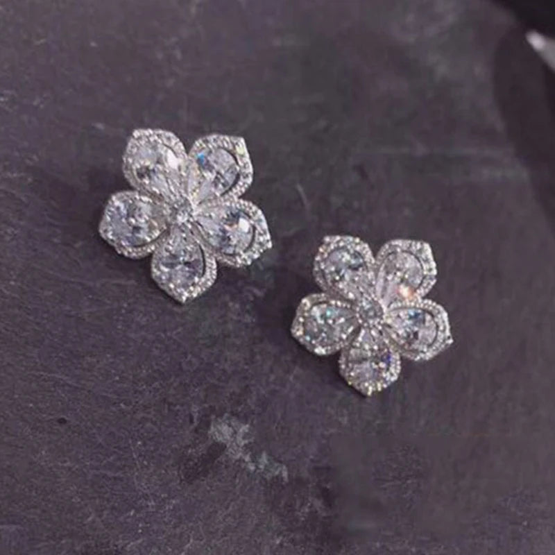 Silver Cherry Blossom Zircon Ear Stud Earrings
