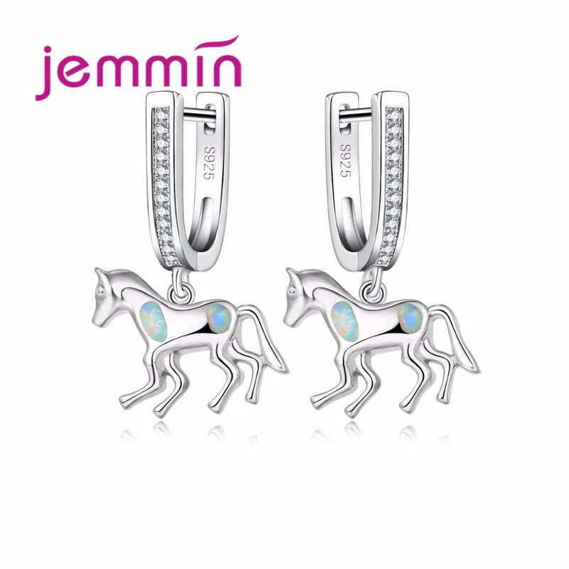 925 Silver Horse Fire Opal Dangle Earrings for Women