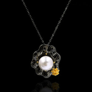 Flower Freshwater Pearl Pendant Necklace 925 Silver Ladies Jewelry