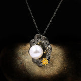 Flower Freshwater Pearl Pendant Necklace 925 Silver Ladies Jewelry