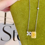 Four Leaf Clover Necklace Brilliant Yellow CZ Pendant Crystal Choker for Women