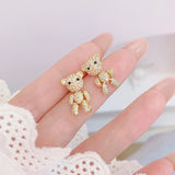 14K Real Inlaid CZ Tiny Bear Earring Studs